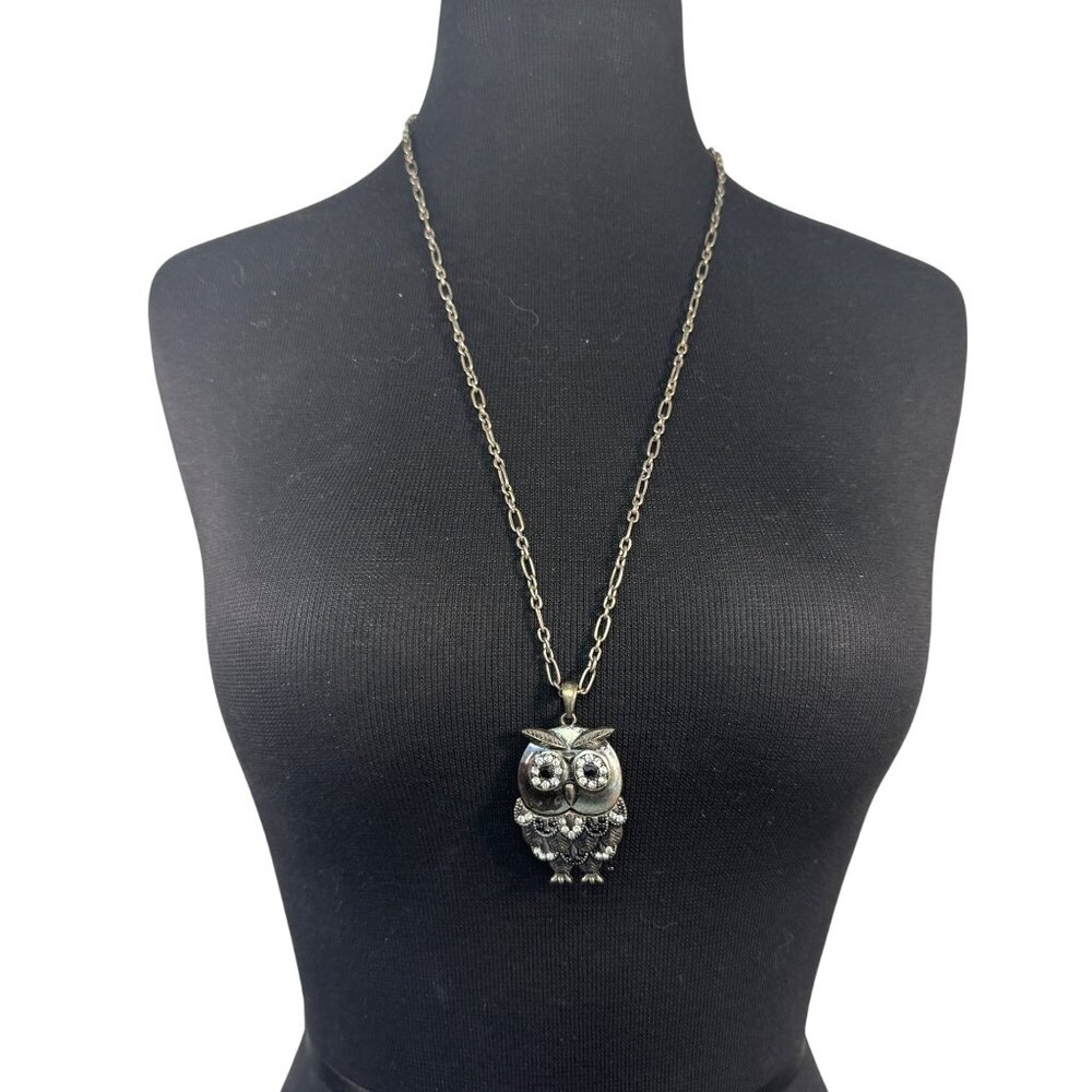 Vintage Silver-Tone Owl Pendant Necklace With Rhinestone Accents On Long Chain